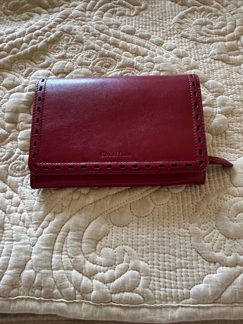 Cole Haan Red Leather Bifold Wallet with Decorative Perforation